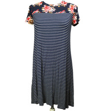 Wilde Floral & Striped Mini Dress Short Sleeve Fit & Flare Stretchy Blue S