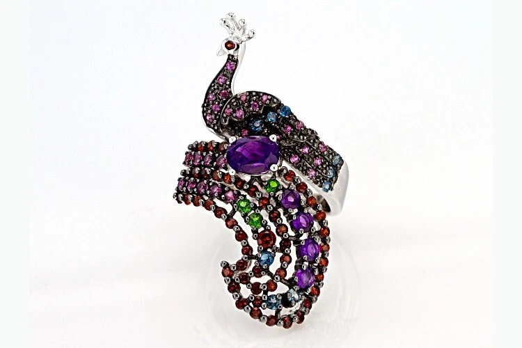 Amatista africana ovalada de 0,68 ctw con rodio multigema redonda de 1,49 ctw sobre plata de ley 7 Foto 2 de 4