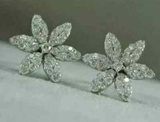 2Ct Round Cut Real Moissanite Flower Stud Earrings 14K White Gold Plated Silver