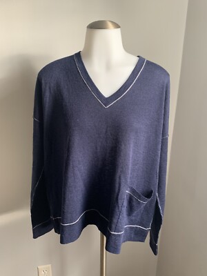 Women s Eileen Fisher Blue Pullover Sweater V-Neck Long Sleeve Front Pocket M