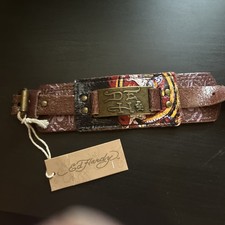 Ed Hardy Genuine Leather Cuff Bracelet Brown Tattoo EH Plate Y2K NWT