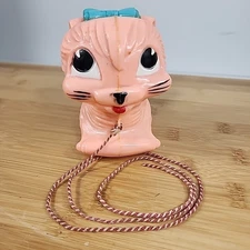 Vtg Slinky Kitty Cat Pink w/ Blue Bow Original Pull String Vintage Plastic Toy
