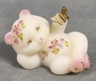 FENTON Artist Signed IVORY SATIN Reclining BEAR Hand Painted FIGURINE