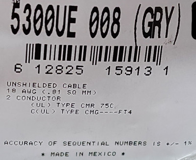 Belden 5300UE 18/2C Twisted Audio/Speaker/Alarm Cable Riser CMR Gray /100ft