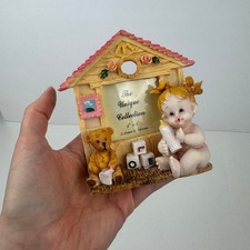 Vtg Small Miniature White Baby Girl Teddy Bear Tabletop Picture Frame Nursery