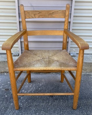 Nice Vintage Solid Oak and Rush Handmade Armchairs In Used Condition 24x16x34 