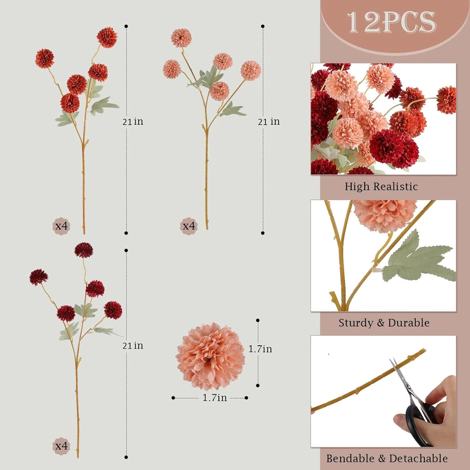 Flores de pompón de crisantemo artificial para decoración de otoño 12 piezas Kiku Mams Foto 2 de 4