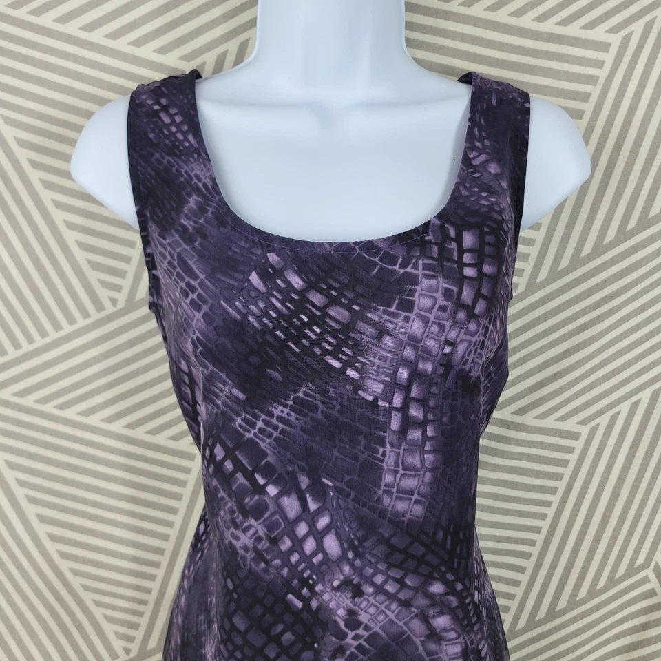 Vestido Camisa Vintage Años 90 Talla 6 Fiesta Floral Sin Mangas Púrpura Antiguo Geométrico Hasta la Rodilla Foto 3 de 4