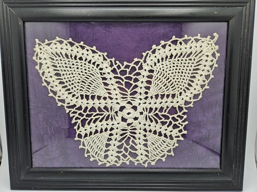 Vintage Framed Hand-Crocheted Butterfly Doily White On Purple Background Unique 
