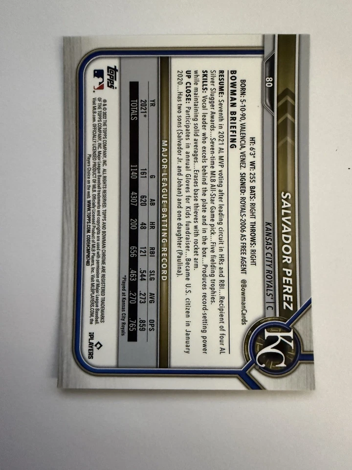 2022 Bowman Chrome Sapphire Edition #80 Salvador Perez Card Kansas City Royals🎁 - Image 2 of 2