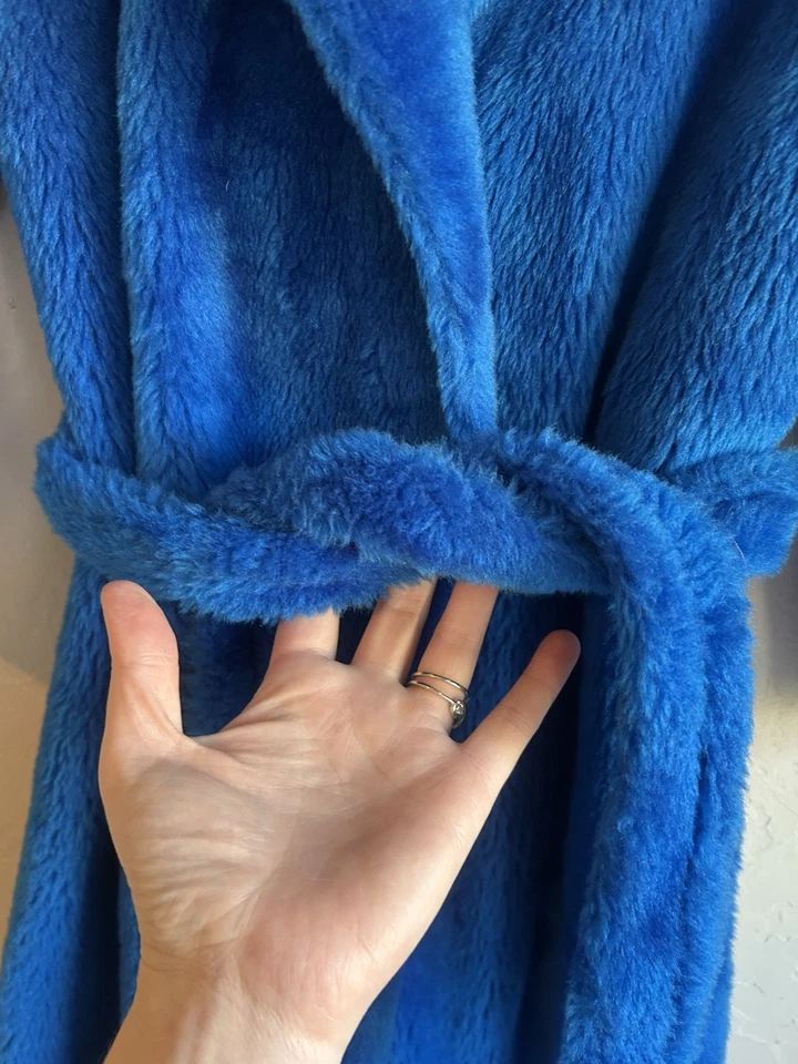 Vintage 70s Faux Fur Maxi Coat 12 Electric Blue Mod Belted Wrap Robe Boho Glam - Image 3 of 4