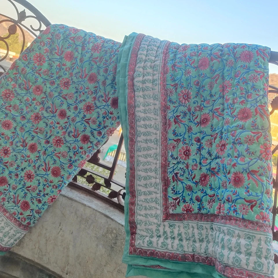 Colcha edredón reversible estampado bloque manta hecha a mano edredón floral Foto 4 de 4