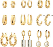 9 Pairs Gold Chunky Hoop Earrings Set for Women, 14K Gold Plated Twisted Huggie