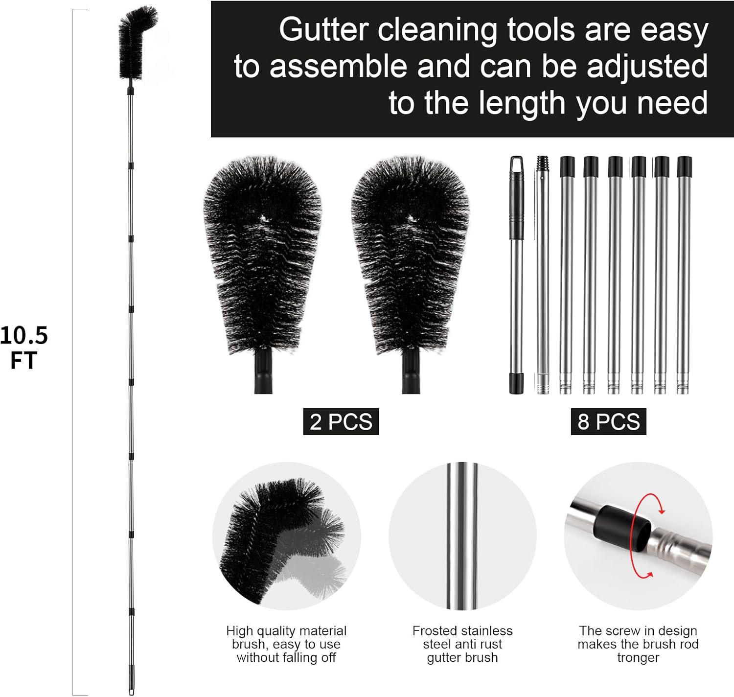 Herramientas de limpieza de canaletas desde el suelo Limpiador ajustable de 10,5 pies con flexible