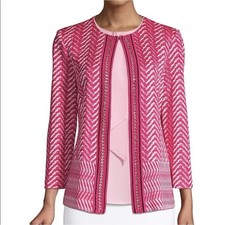 Misook Heritage Pink Chevron Knit Chain Trim Jacket Blazer Cardigan L K4444AC