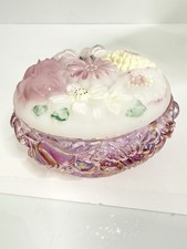 FENTON Pink Iridescent glass lidded Powder Jar Bowl A63 Hand painted Lid