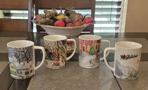 Set of 4 Pottery Barn Winter Village Coffee Cups Tea Mugs Holiday NWOB Classic
