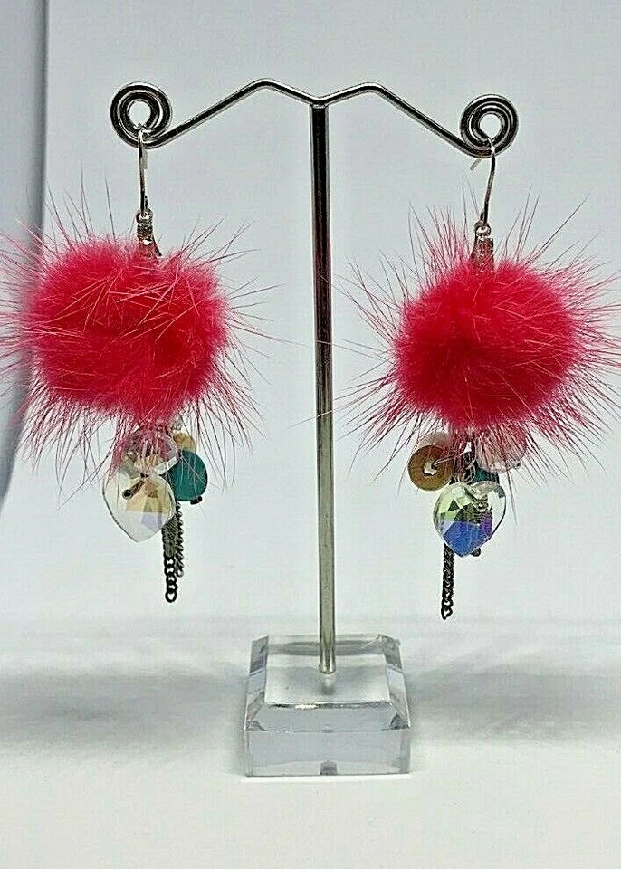 Pendientes colgantes/gotas de cristal de plástico pluma rosa metal plata vintage 1980' Foto 2 de 4