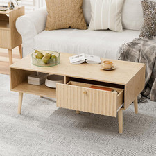 Boho Coffee Table With Storage Fluted Drawer Solid Wood Legs - Oak Boho Coffee Table With Storage Fluted Drawer Solid Wood Legs - Oak