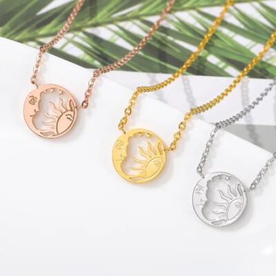 Halskette Sonne Mond Halbmond Kreis Kette Damen Schmuck Edelstahl Sommer