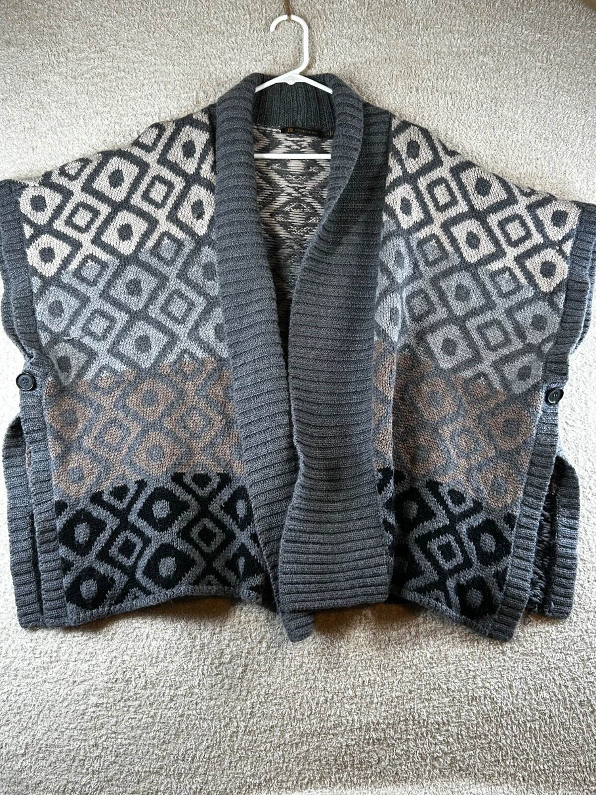 Outback Red Women's Wool Blend Poncho Cape Sweater Gray Geometric Open Front O/S