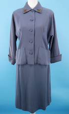 VTG Womens 50s 2 Pc Slate Blue Beaded Collar Top Skirt Set 1950s XS Dress Suit