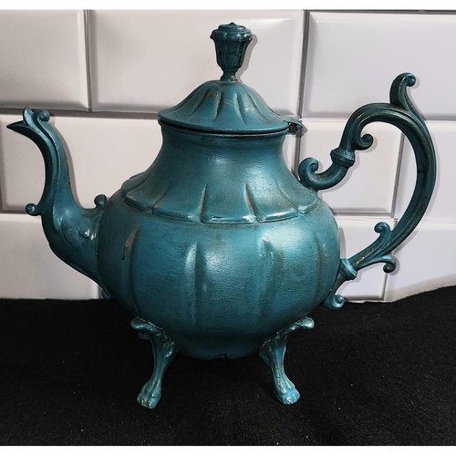 Vtg Repurposed Teapot Turquoise Blue Silver Royal Crest French Provincial Style - Picture 2 of 6
