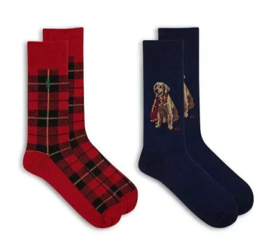 Polo Ralph Lauren Dog Socks 2 Pairs Men's Sock Size 13-16  Blue/Red Plaid