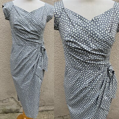 KATYA WILDMAN BOMBSHELL GREY IVORY COTTON POLKA DOT PRINT SEXY  WIGGLE DRESS 10 