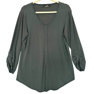 #ad SYMPLI Tunic Top Sz 14 Green V Neck Button Front Pullover Cinch Cuff Minimalist $29.88