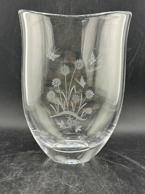 Orrefors Sweden 6 1/4'' Crystal Vase Etched Flowers & Butterflies - Hand Signed