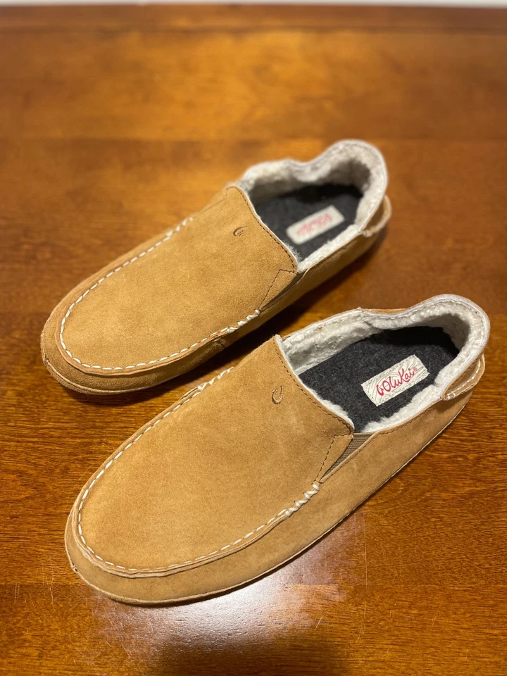 Cozy OluKai Nohea Tan Suede Slippers Size 9 Shearling Lined – Super Soft! - Image 2 of 4