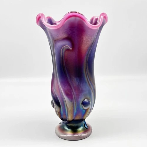 Fenton Carnival Glass Lily Of The Valley Vase Plum Opalescent Swung Flared Vase