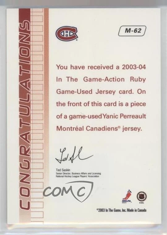 2003 ITG Action Game-Used Jerseys Ruby Fall Expo 1/1 Yanic Perreault #M-62 2a8 - Image 2 of 3