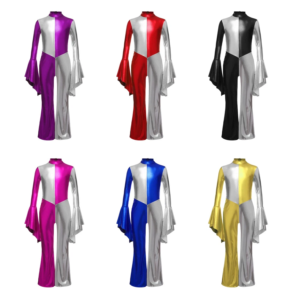 Girl Color Block Metallic Jumpsuit Character Hippie 70s Disco Halloween Costume  - Image 4 of 4