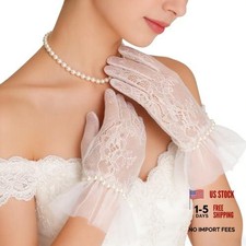 Avxdbr Short Lace Gloves Pearl Tulle Mesh Wedding Gloves for Women  White