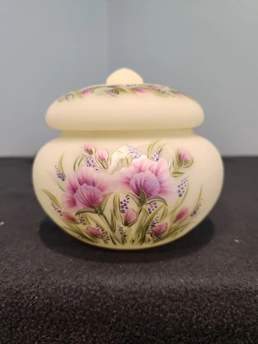 FENTON 2007 OOAK BURMESE VICKI CURREN CANDY JAR w STUNNING FLORAL DESIGN