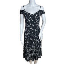 Yumi Kim Dress Womens XS Fit & Flare Black White Heart Print Off Shoulder Preppy