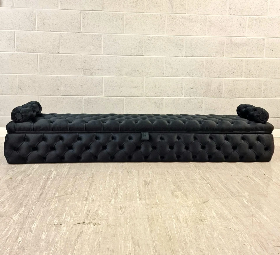 Elegant black velvet tufted daybed with storage, bolster cushions – luxe chaise. - Image 3 of 4
