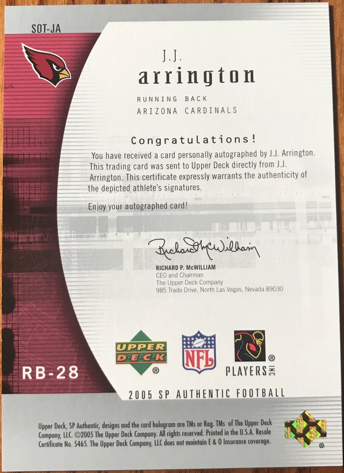 2005 SP Authentic Sign Of The Times J.J. Arrington SOT-JA Arizona Cardinals - Image 2 of 2