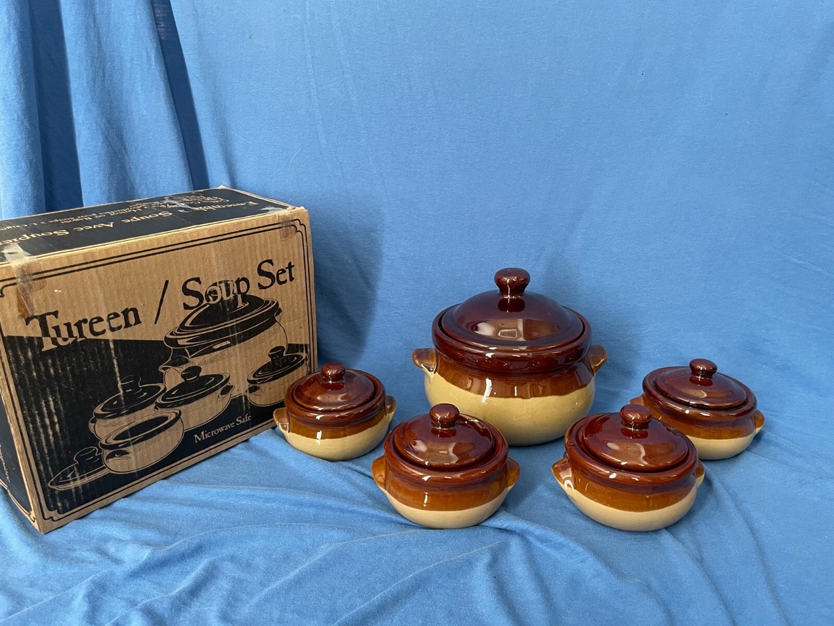 Vintage Tureen Soup Set Large +4 Individual Casserole/Bean Pots French  Onion