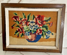 Vintage Floral Needlepoint Tapestry Wooden Frame Handmade Wall Art Royal Paris
