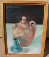 Contemporary impressionist still life painting with jug signed K. Petersen