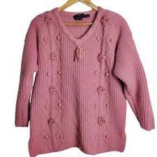 Vintage 90's Carole Little Wool Knit Pink Pullover V-neck Sweater Size Large
