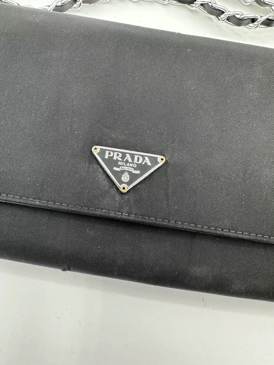 Prada Tessuto Leather Flap Wallet on Chain Black