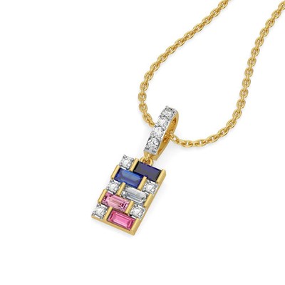 14K Yellow Gold Plated 925 Silver Rainbow Baguette Pendant Geometric Mosaic