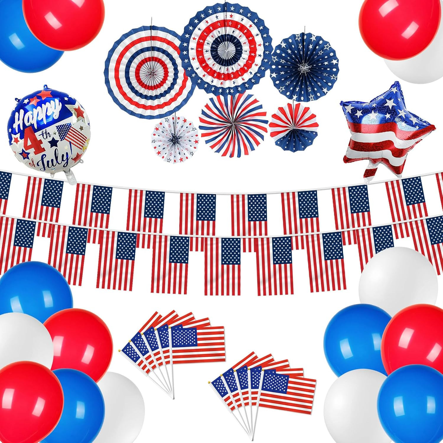 4Th July Party Decorations,Patriotic American Flag Bunting,Usa Balloons,Pom Pom