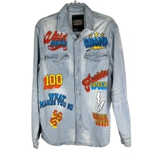 Copper Rivet Light Blue Denim Shirt Snap Button Graphic Prints Large