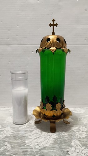 Vintage Altar Top Sanctuary Lamp Holder with Green Globe Smoke Cap Painted Metal