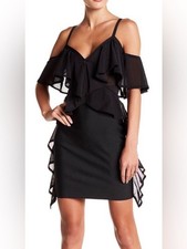 WOW Couture Black Sheer Mesh Bodycon Dress Large Ruffle Cold Shoulder Club